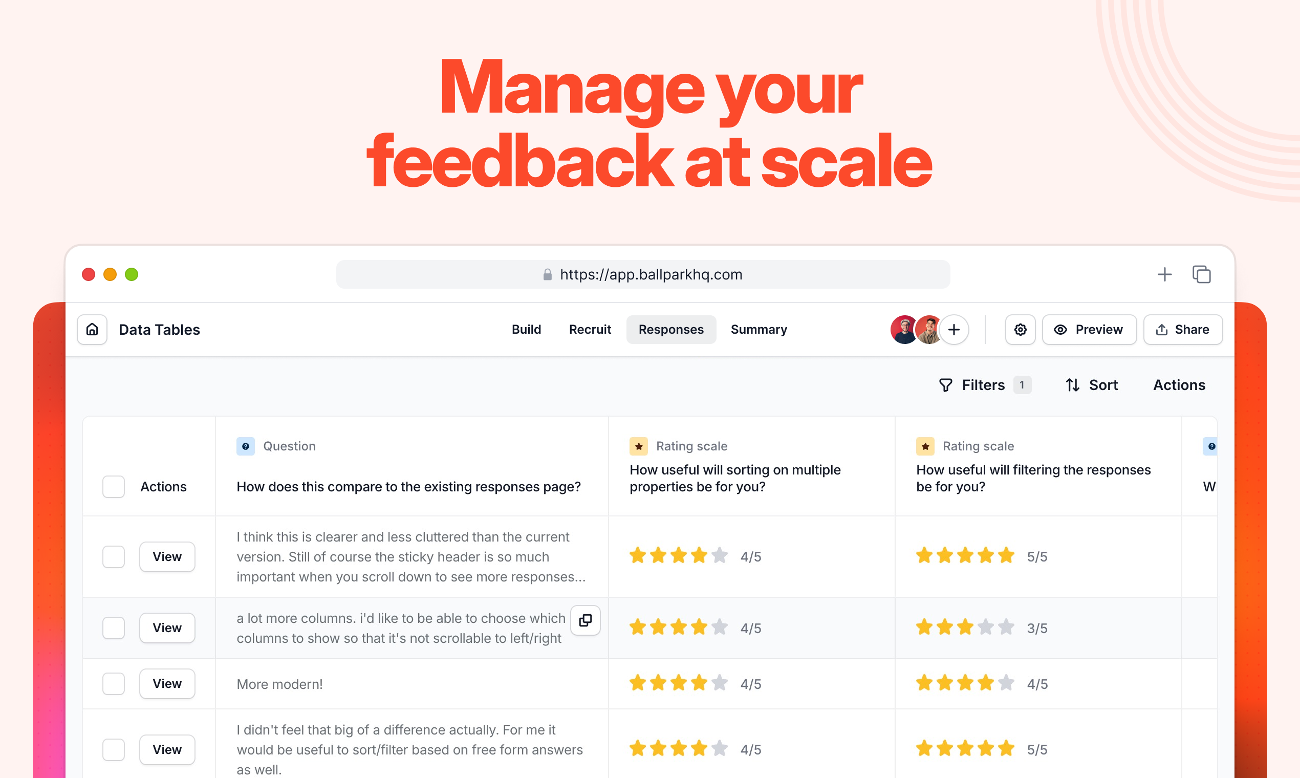 startuptile Data tables by Ballpark-Manage your survey and user research responses at scale