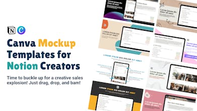 Notion Creator が製品の売上を拡大するために利用できるさまざまなデザイン オプションを紹介する Canva モックアップ テンプレート