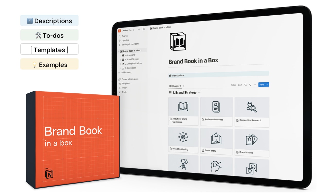 Mídia 1 de Livro da marca em uma caixa, um modelo de noção - Sistemas, instruções e exemplos para criar seu livro de marca
