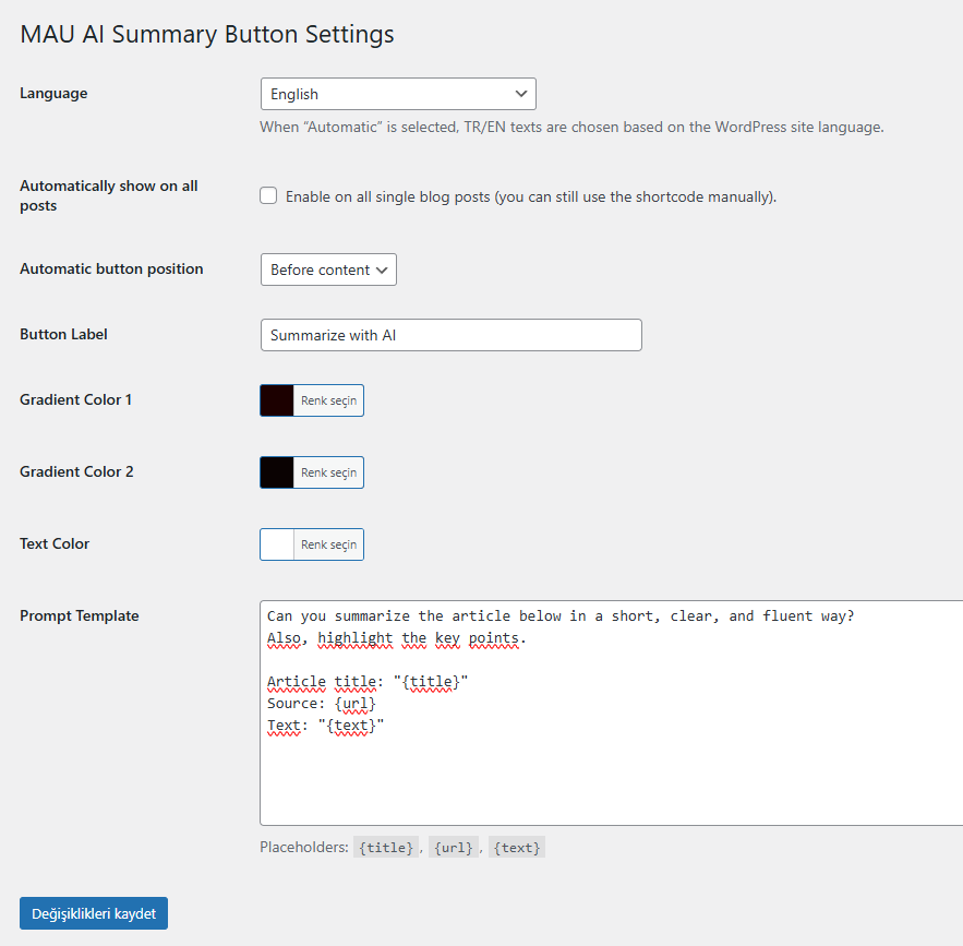 AI Summary Button for Wordpress gallery image