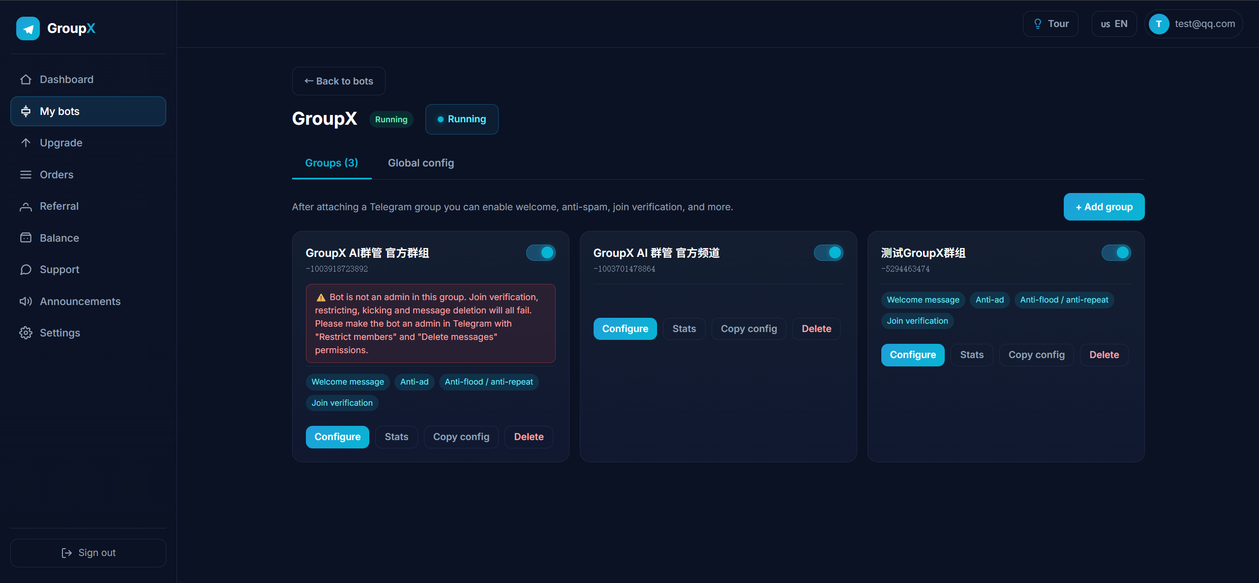 GroupX — 专业的 Telegram 群管理 Bot SaaS gallery image