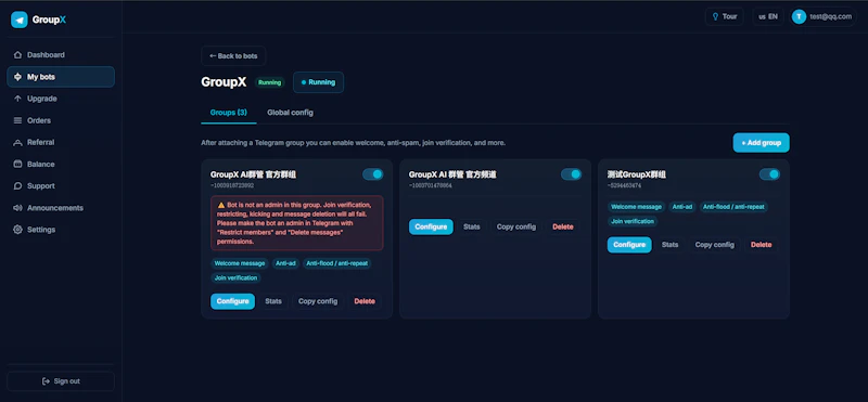 GroupX — 专业的 Telegram 群管理 Bot SaaS screenshot 1