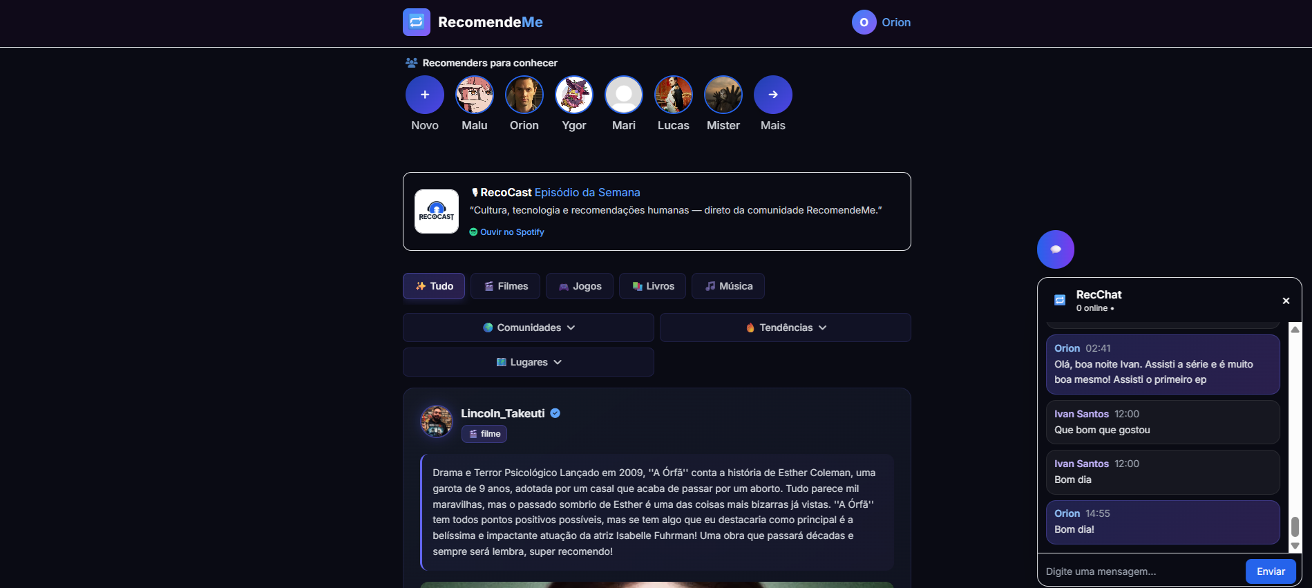 RecomendeMe - MonoFeed - Main screenshot showing features and interface