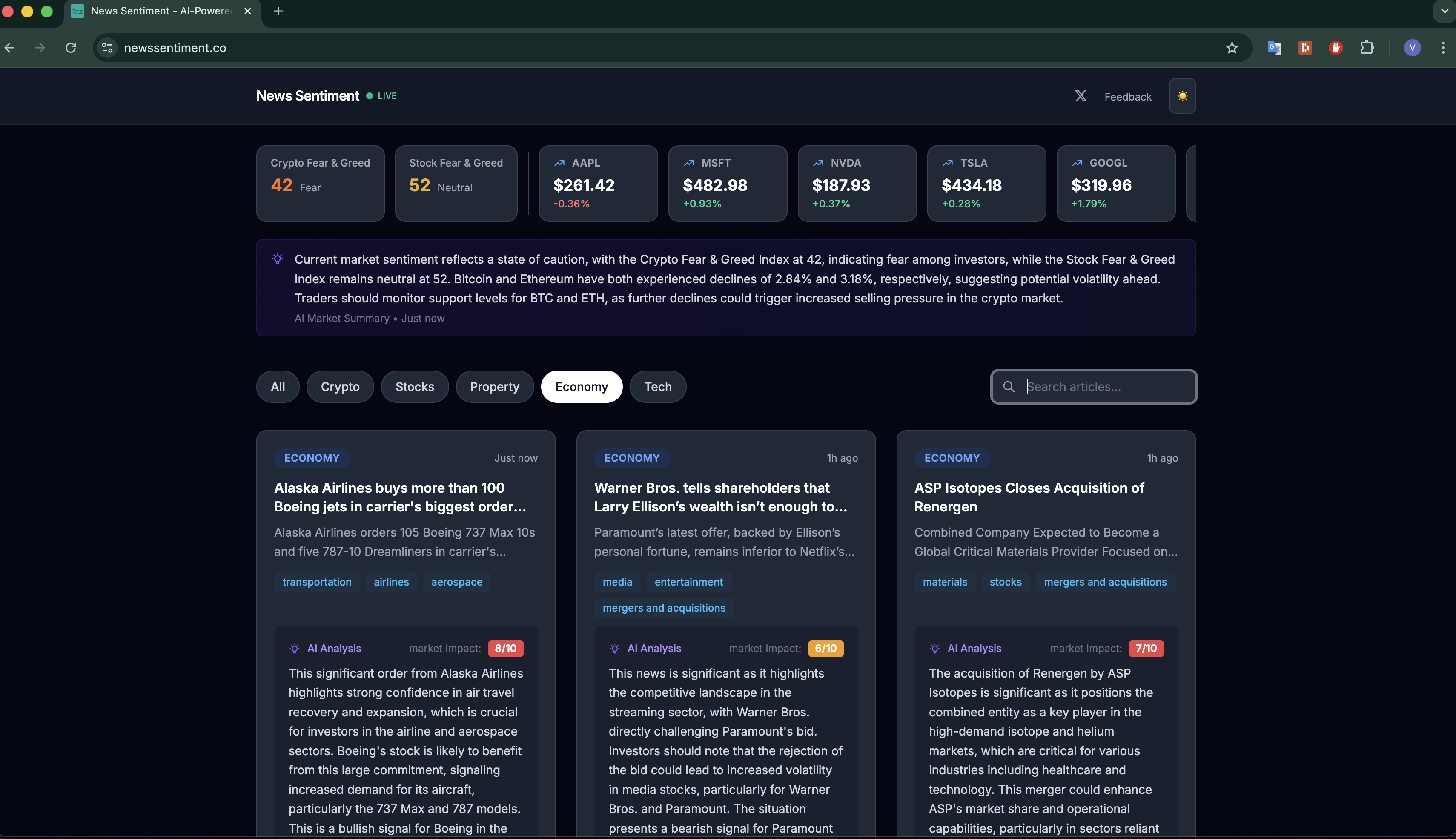 News Sentiment - Screenshot 4 showing product features and functionality