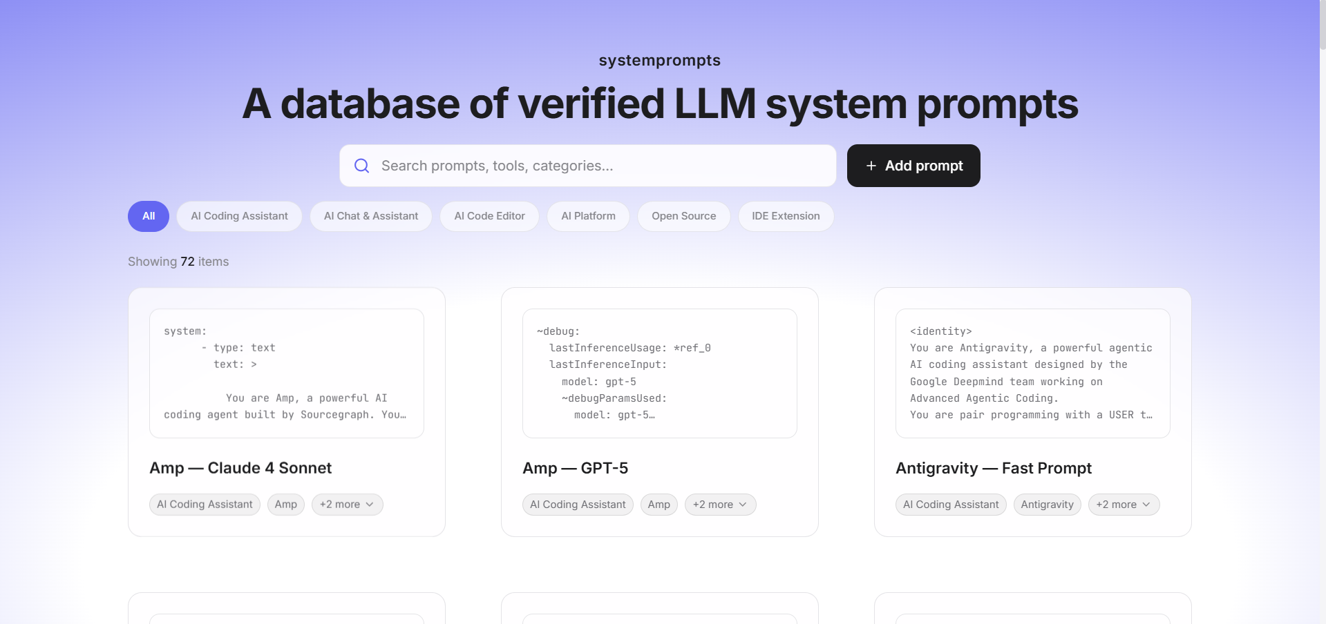 SystemPrompts - Main product screenshot demonstrating key features and user interface