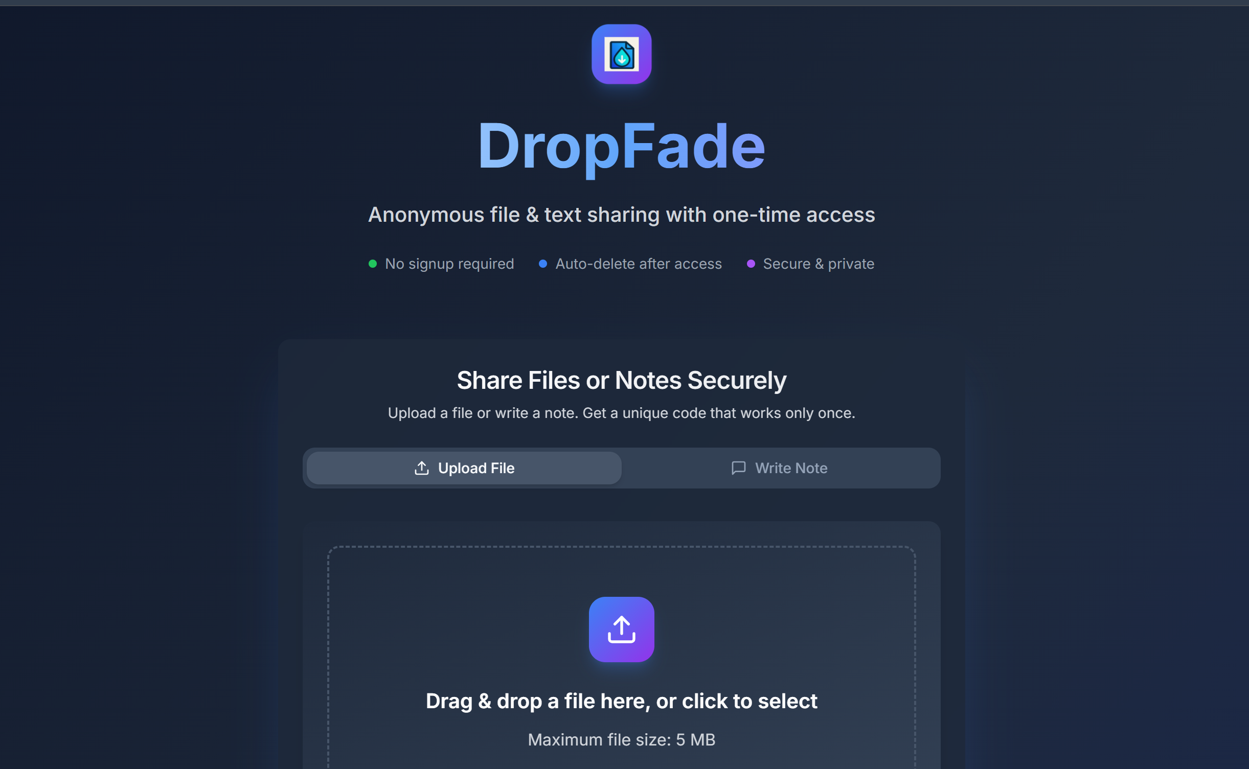 Média Tomber fade - Partage de fichiers et de texte anonyme et anonyme avec un accès unique 2