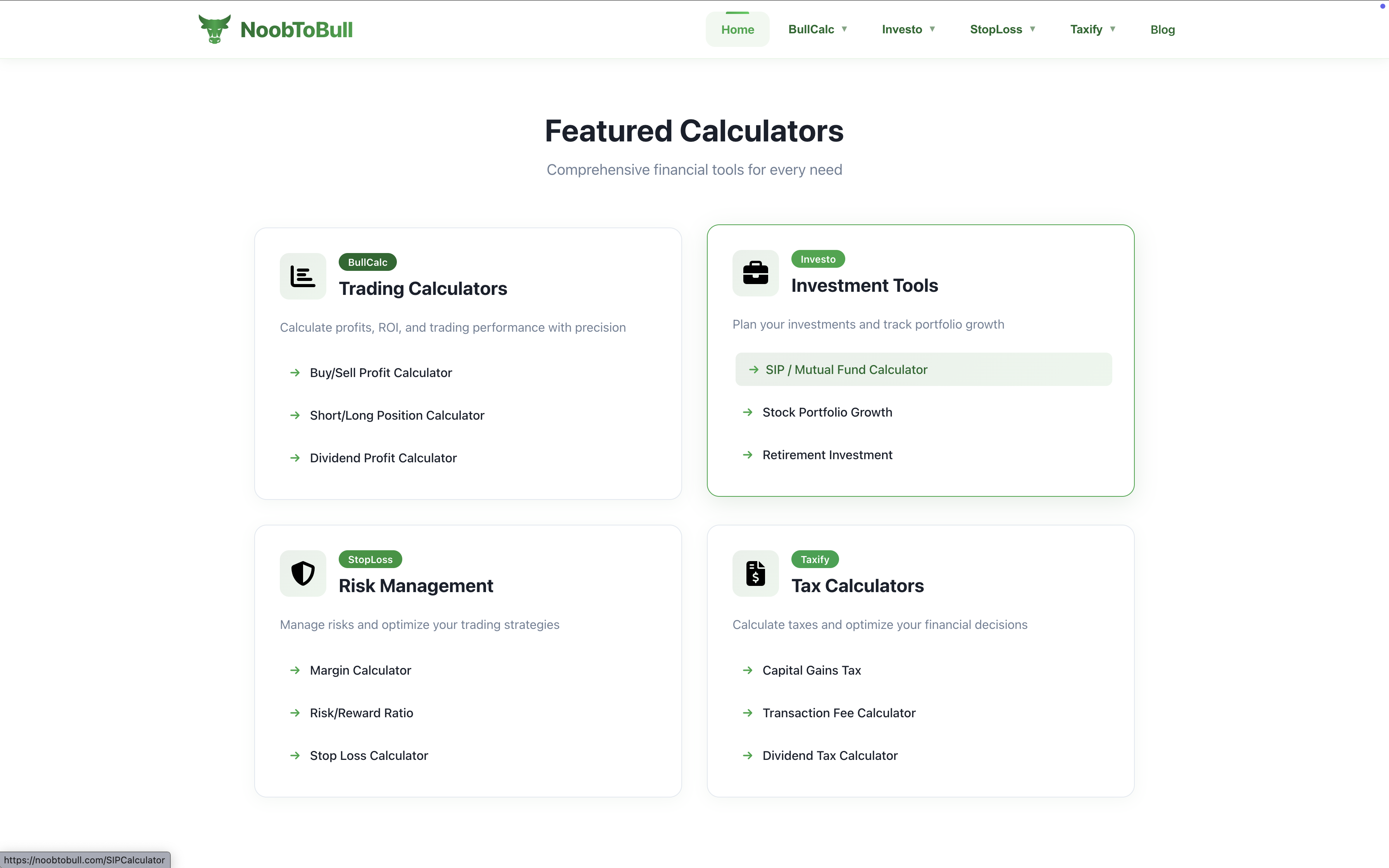 NoobToBull.com - Main screenshot showing features and interface
