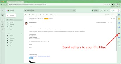 Pitchfire ロゴが付いた Gmail プラグインのスクリーンショット。B2B 販売に便利で効率的なコミュニケーションを提供します。