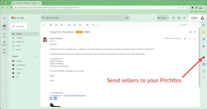 Gmail插件截图带有Pitchfire标志，为B2B销售提供便捷高效的沟通。