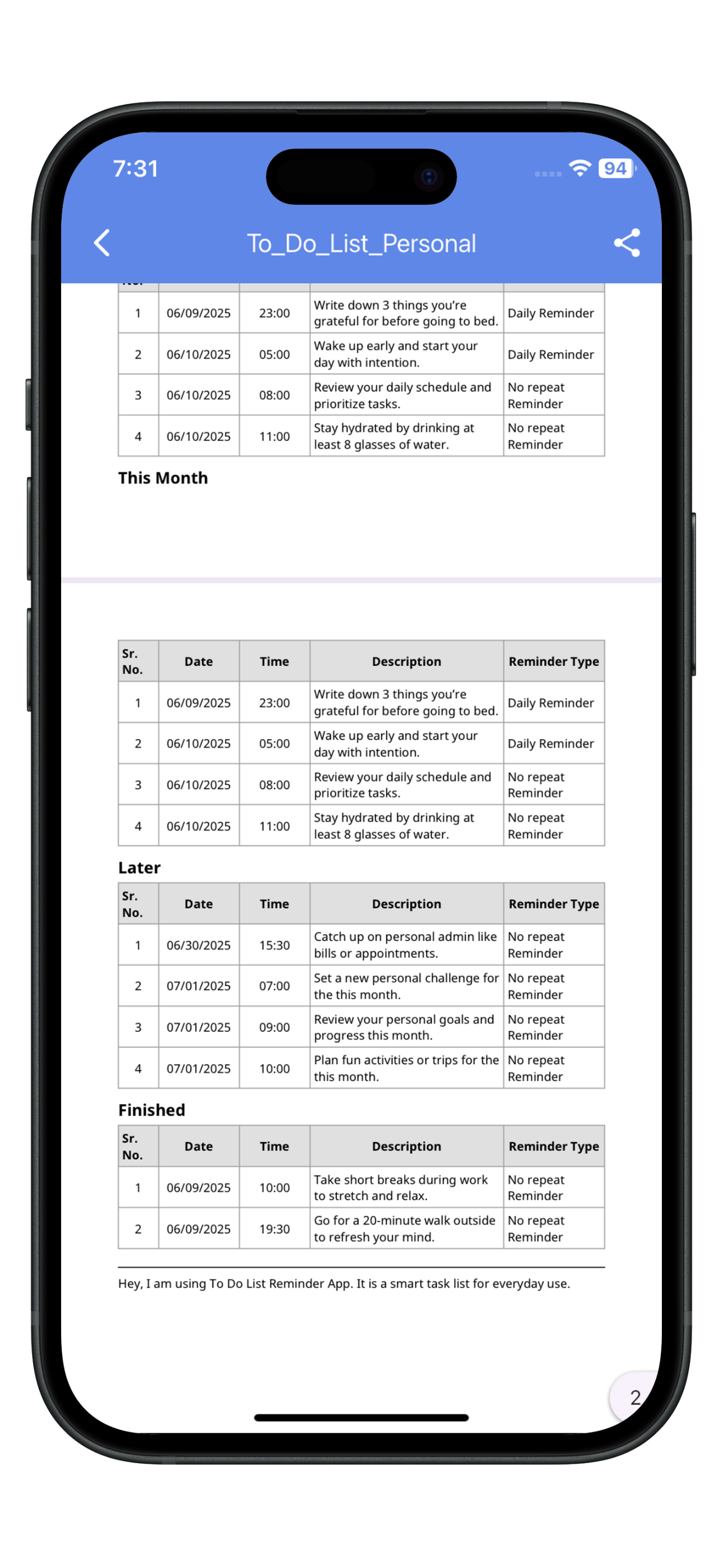 รายการตรวจสอบรายวัน: Quicklist media 7