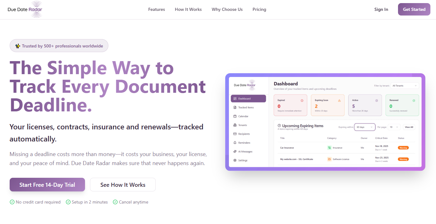 Due Date Radar - Main screenshot showing features and interface