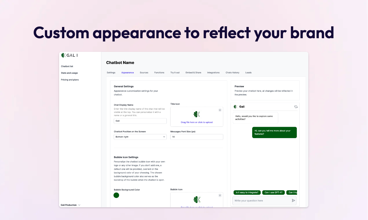 Gali Ai - Benutzerdefinierte Chatgpt -Assistenten, die mit Ihrem Backend verbunden sind Medien 6