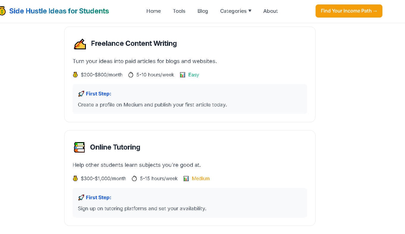 Side Hustle Ideas for Students - Screenshot 4 showing product features and functionality