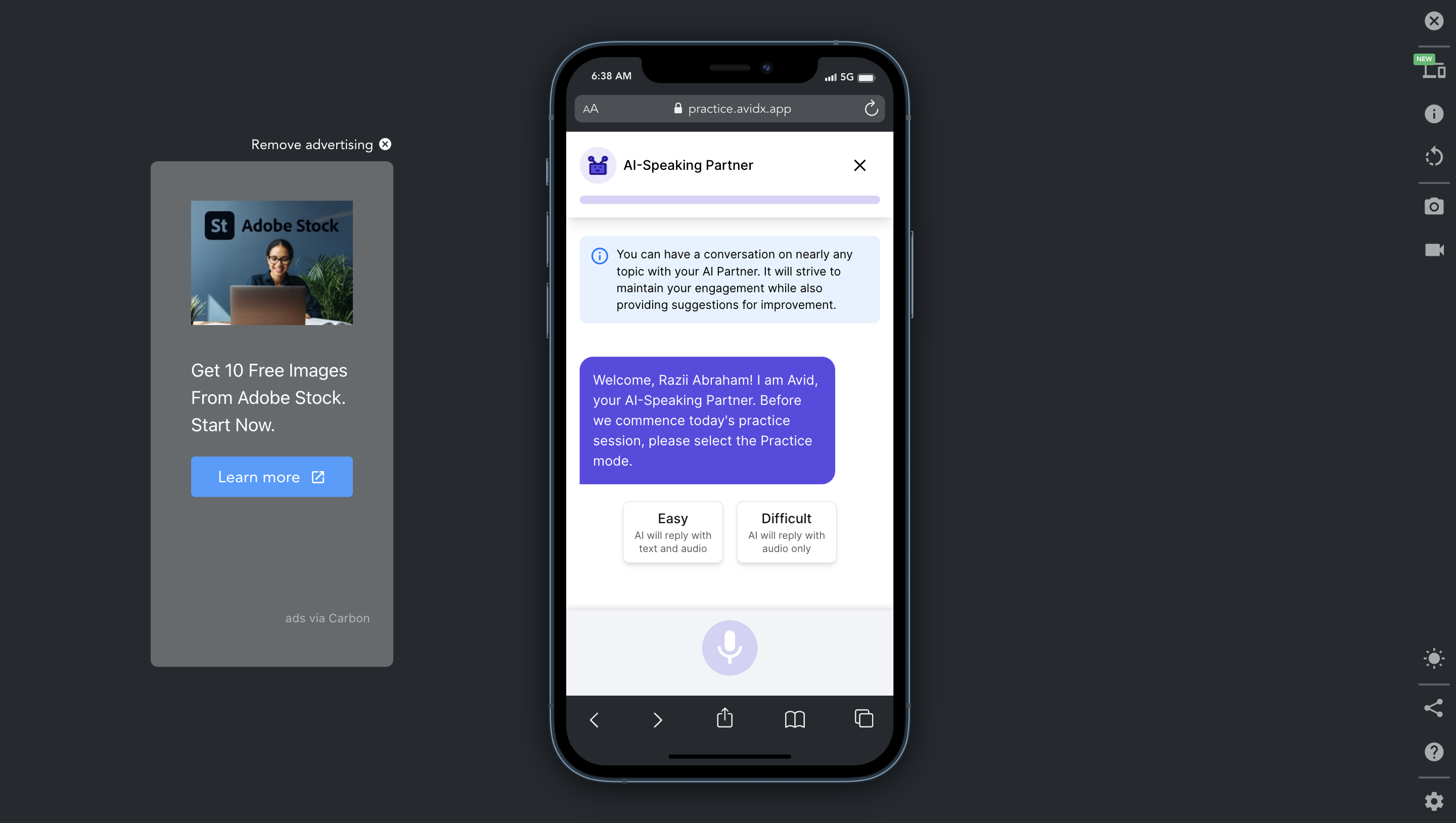 وسائط AVIDX - رفع مستوى لغتك الإنجليزية باستخدام الذكاء الاصطناعى - تقديم ميزات شريك التحدث وامتحان AI AI 2