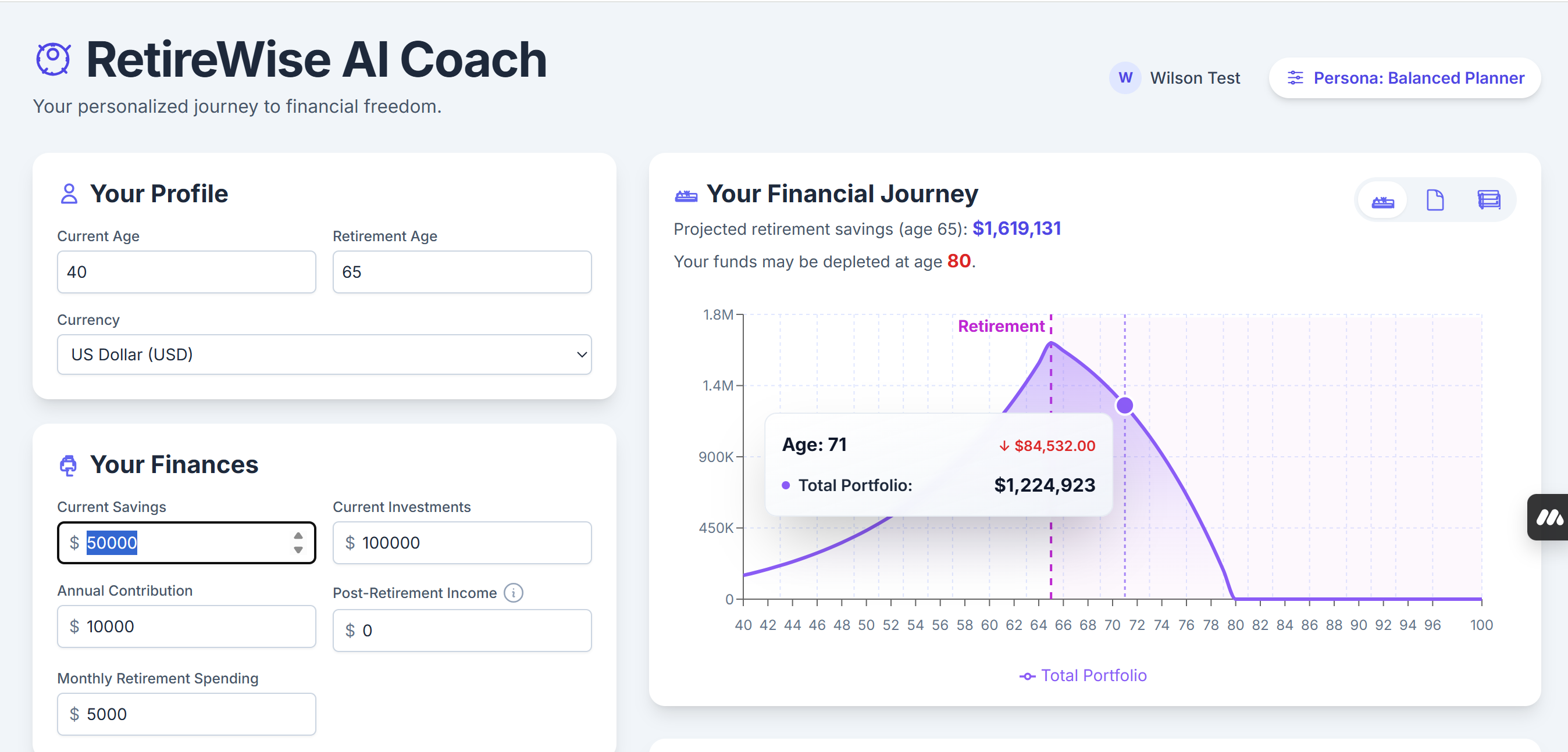 Retirement Wise AI Coach - Main product screenshot demonstrating key features and user interface