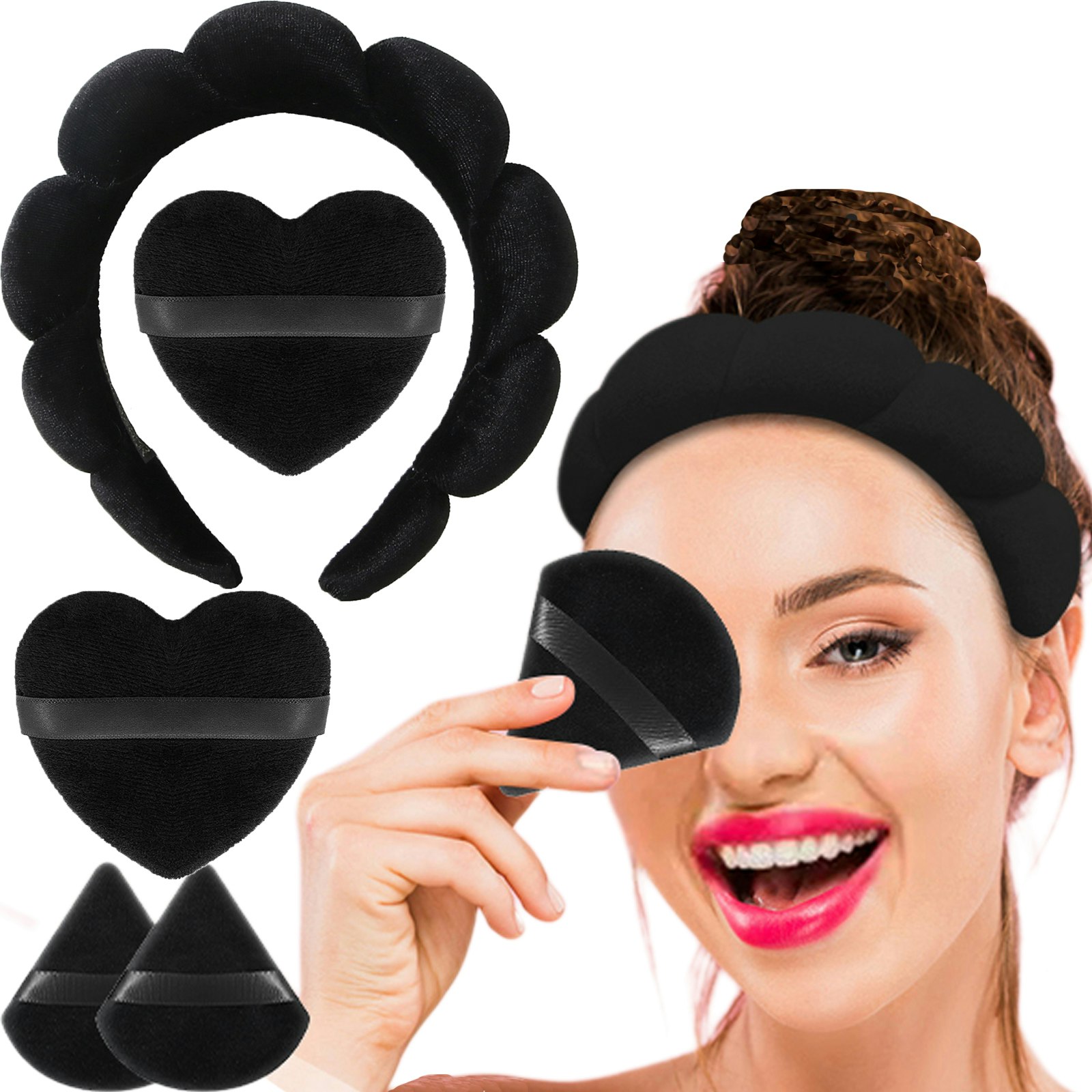 Spa -Stirnband mit 4PCS -Pulverpuffs - Tnzltdw schwarzes Spa -Stirnband mit 4 Tiefenpulver -Puffs Medien 2
