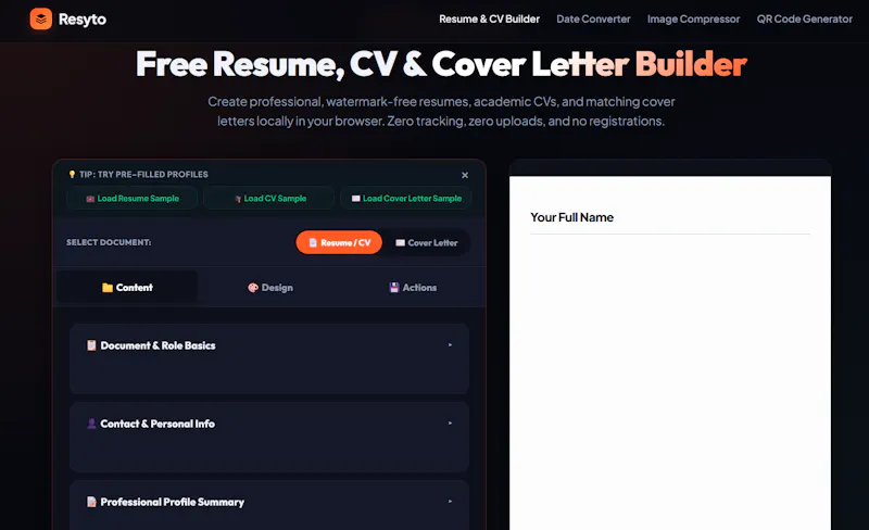 Free Resume, CV & Cover Letter Builder screenshot 1