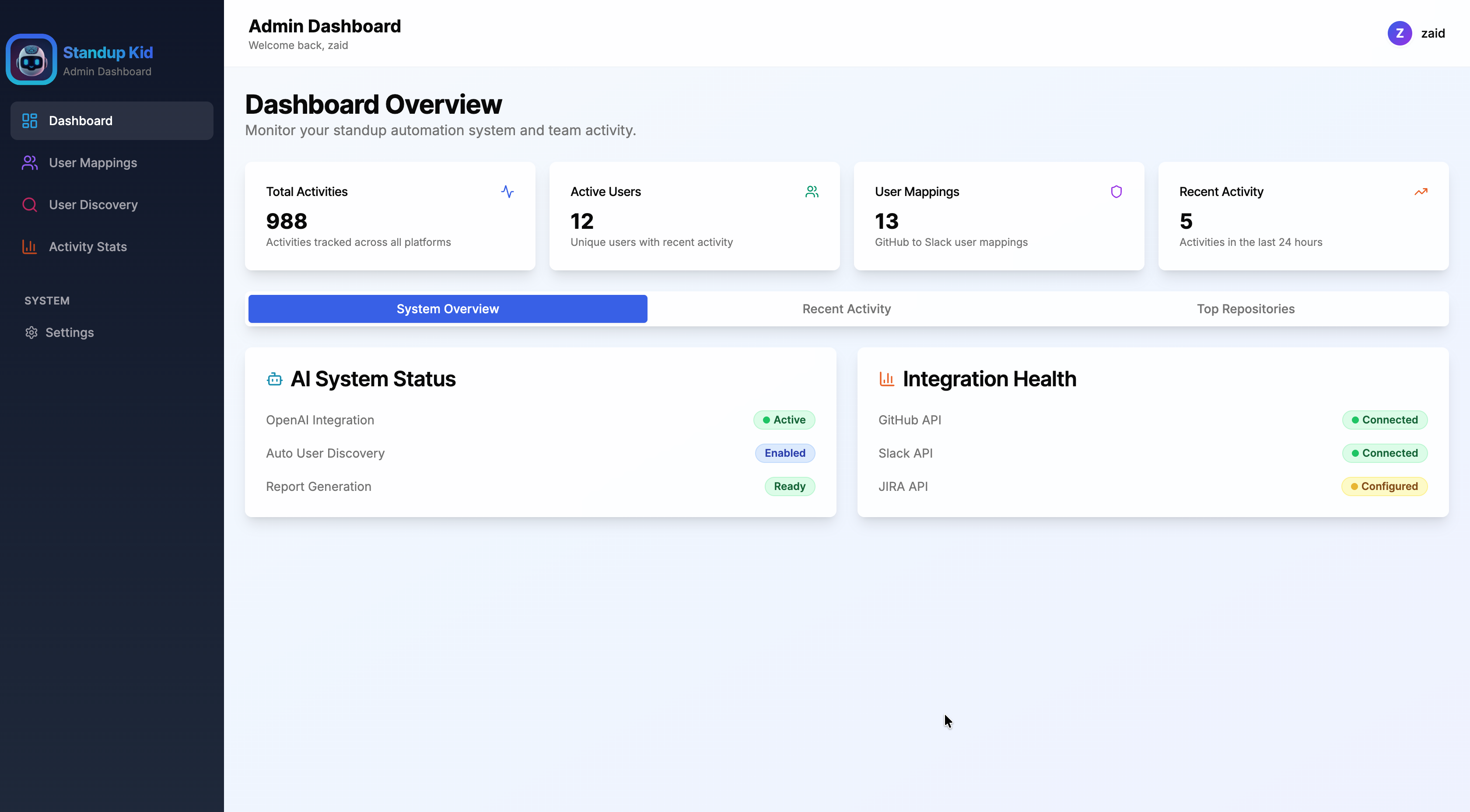 Standup Bot - Main screenshot showing features and interface