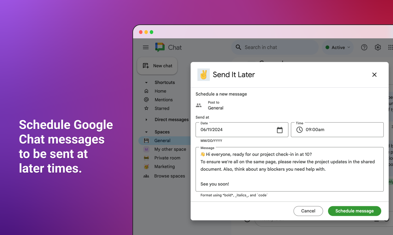 Mídia 1 de Envie -o mais tarde para o Google Chat - Agende mensagens de bate -papo a serem enviadas posteriormente