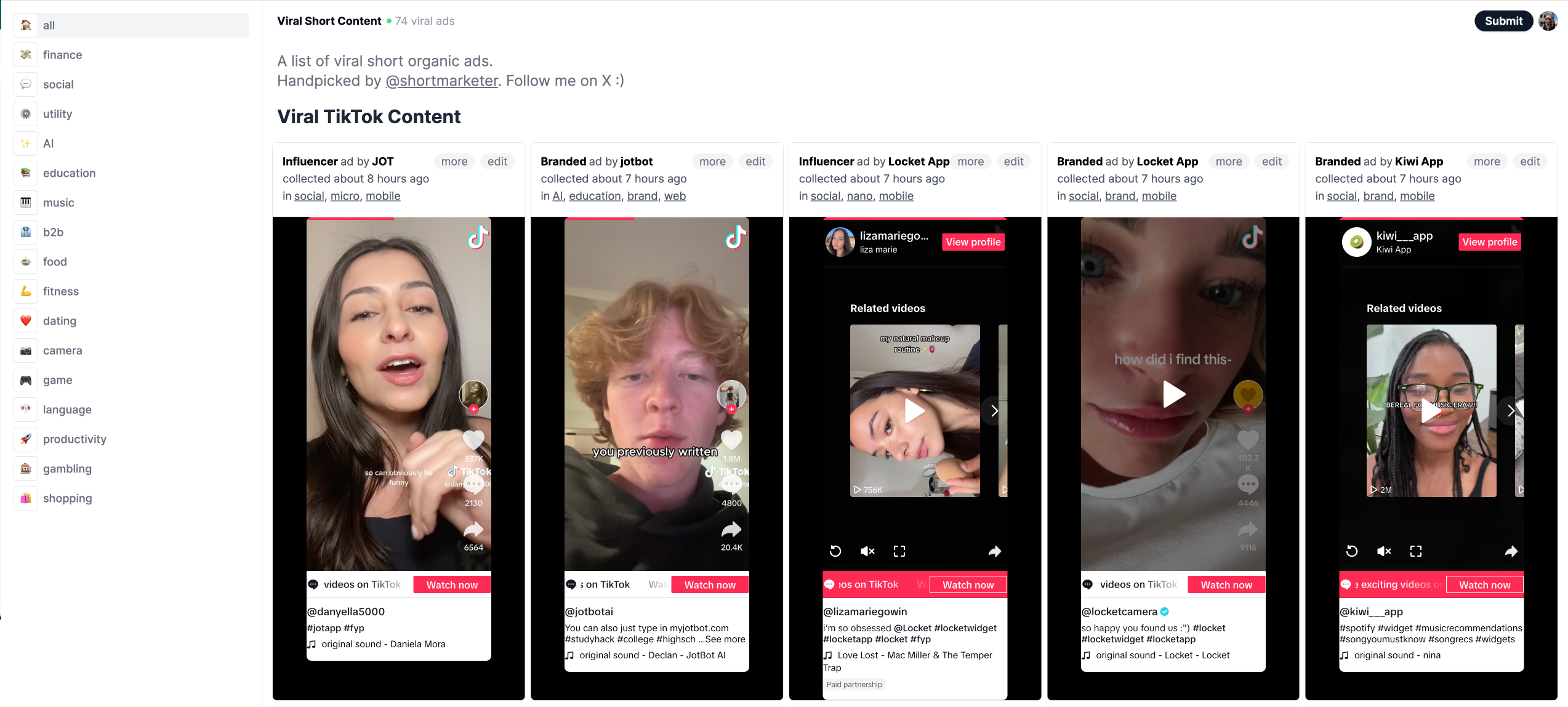 Contenido corto viral - Colección de anuncios orgánicos, seleccionados por @shortmarketer media 2