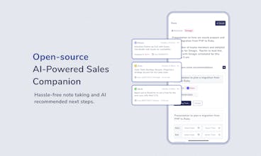 Снимок экрана, демонстрирующий интерфейс Sales Sparrow с помощью искусственного интеллекта для записи заметок и организации шагов по действиям.