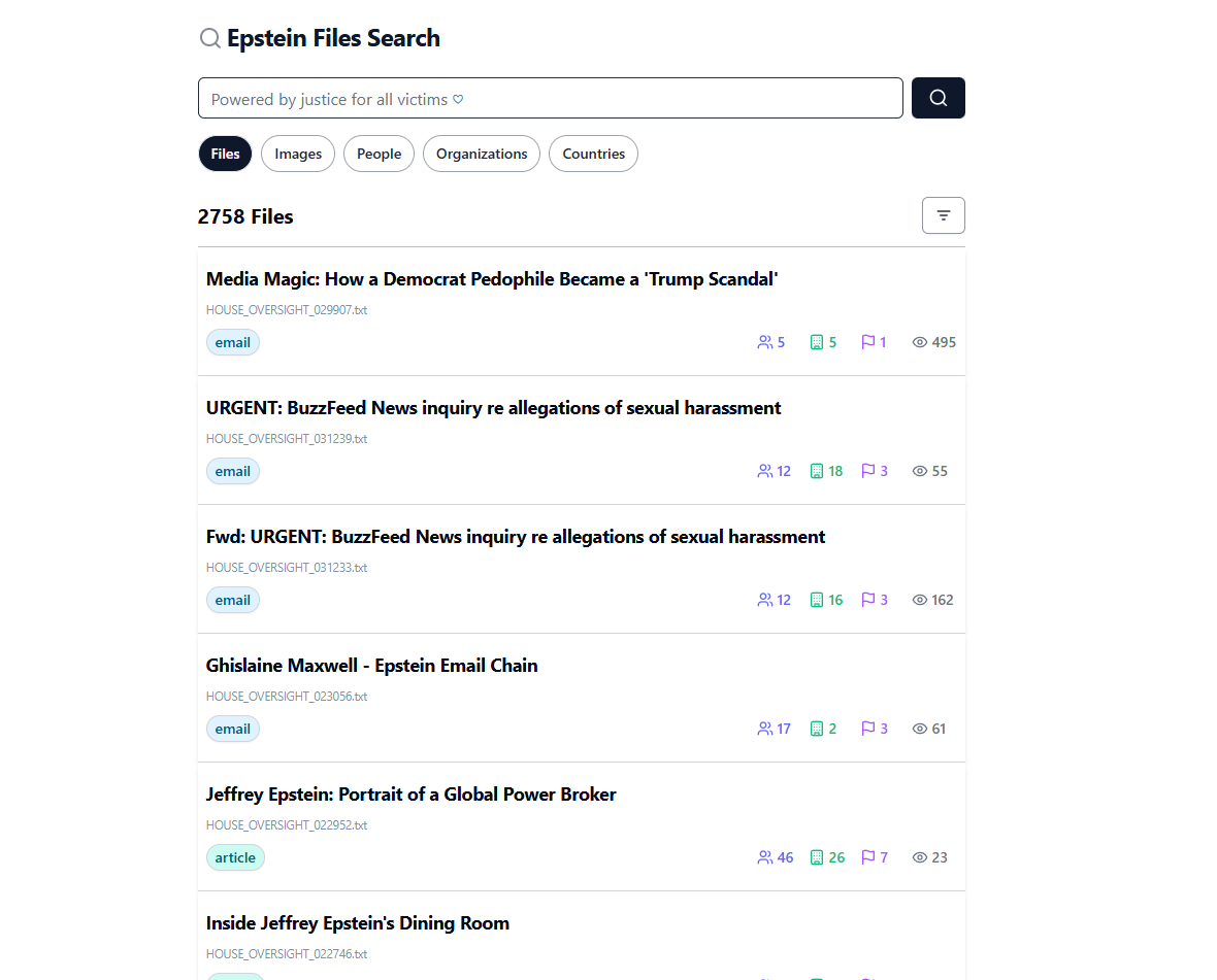 Epstein Files Organized & Searchable - Main screenshot showing features and interface