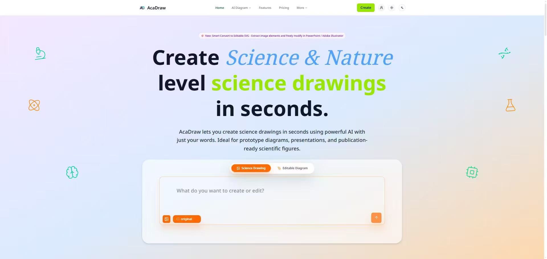 AcaDraw - AI Science Drawing Tool - Main product screenshot demonstrating key features and user interface