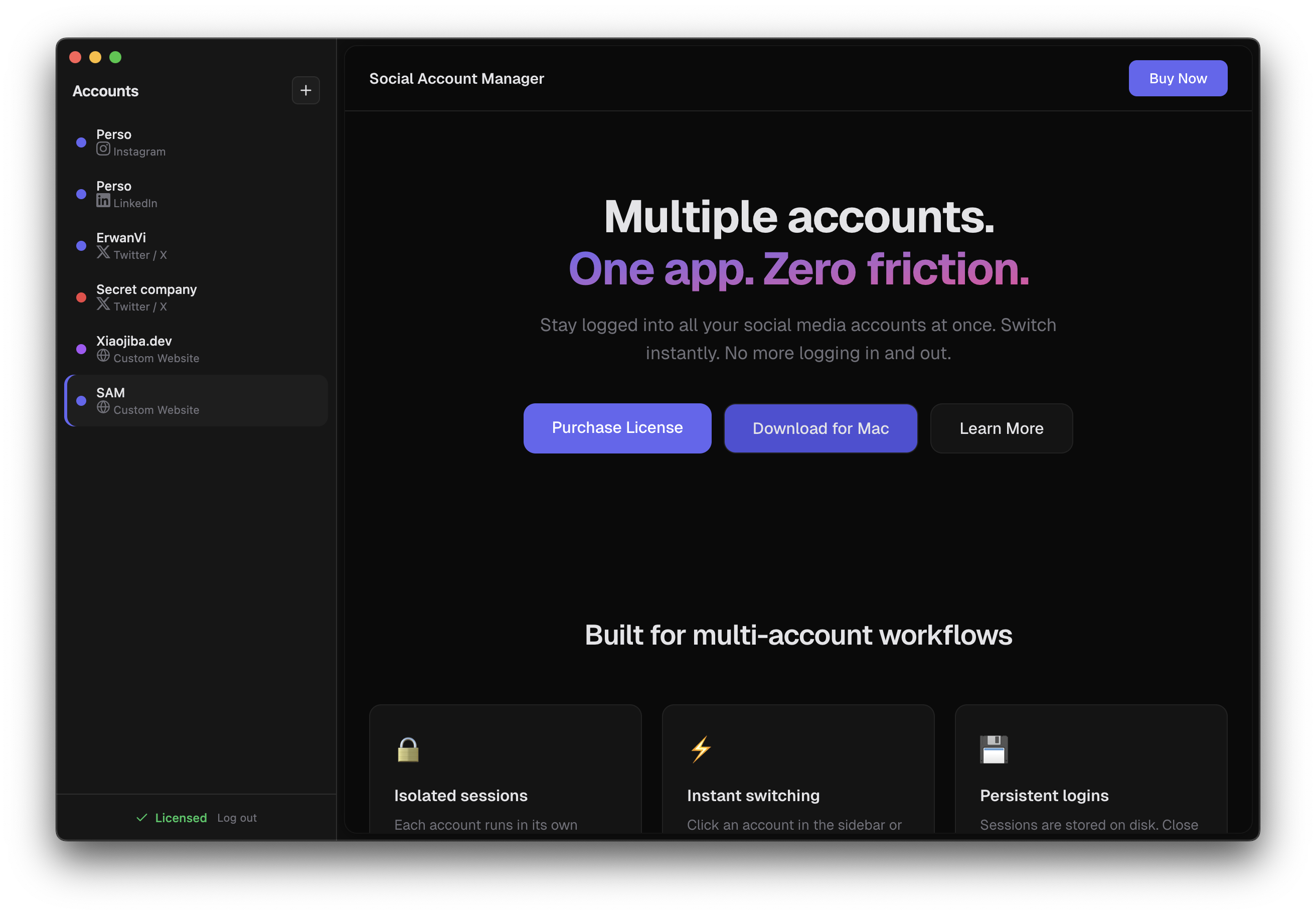 Social Account Manager — Switch accounts - Main product screenshot demonstrating key features and user interface