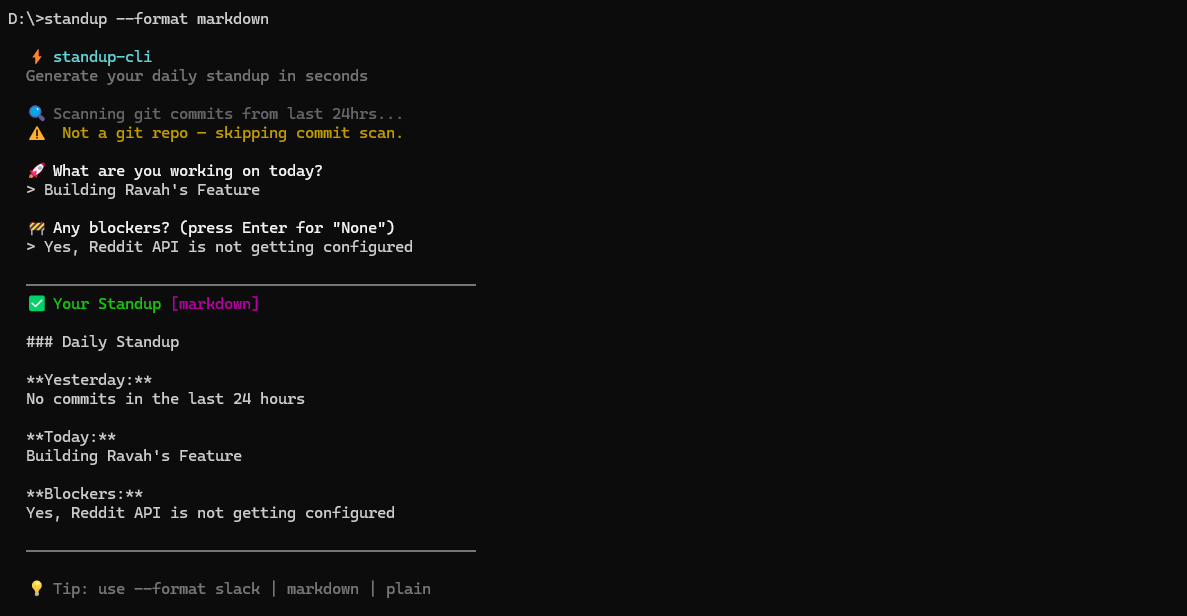 Standup CLI - Screenshot 3 showing product features and functionality