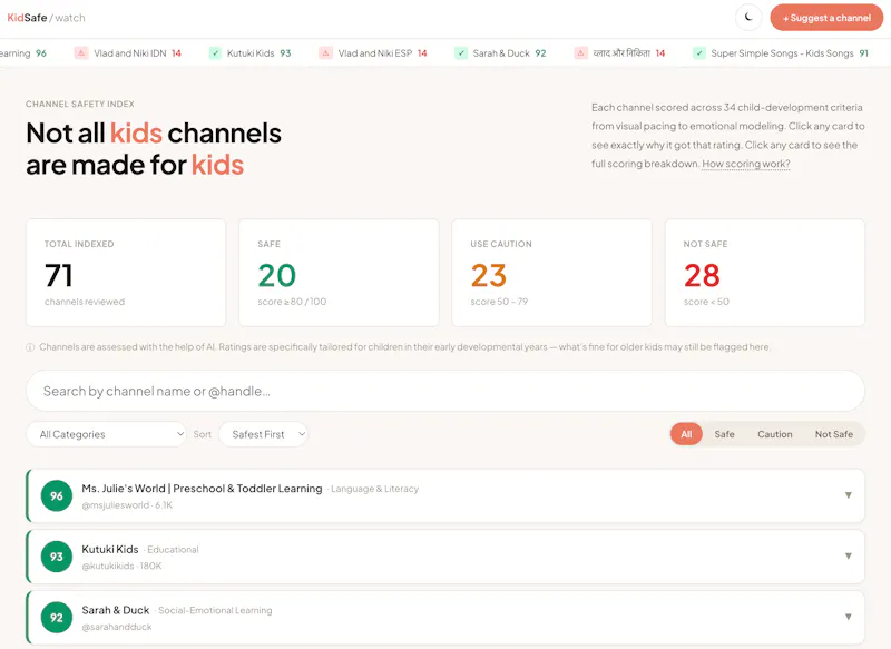 KidSafe.watch - Channel Safety Index screenshot 1