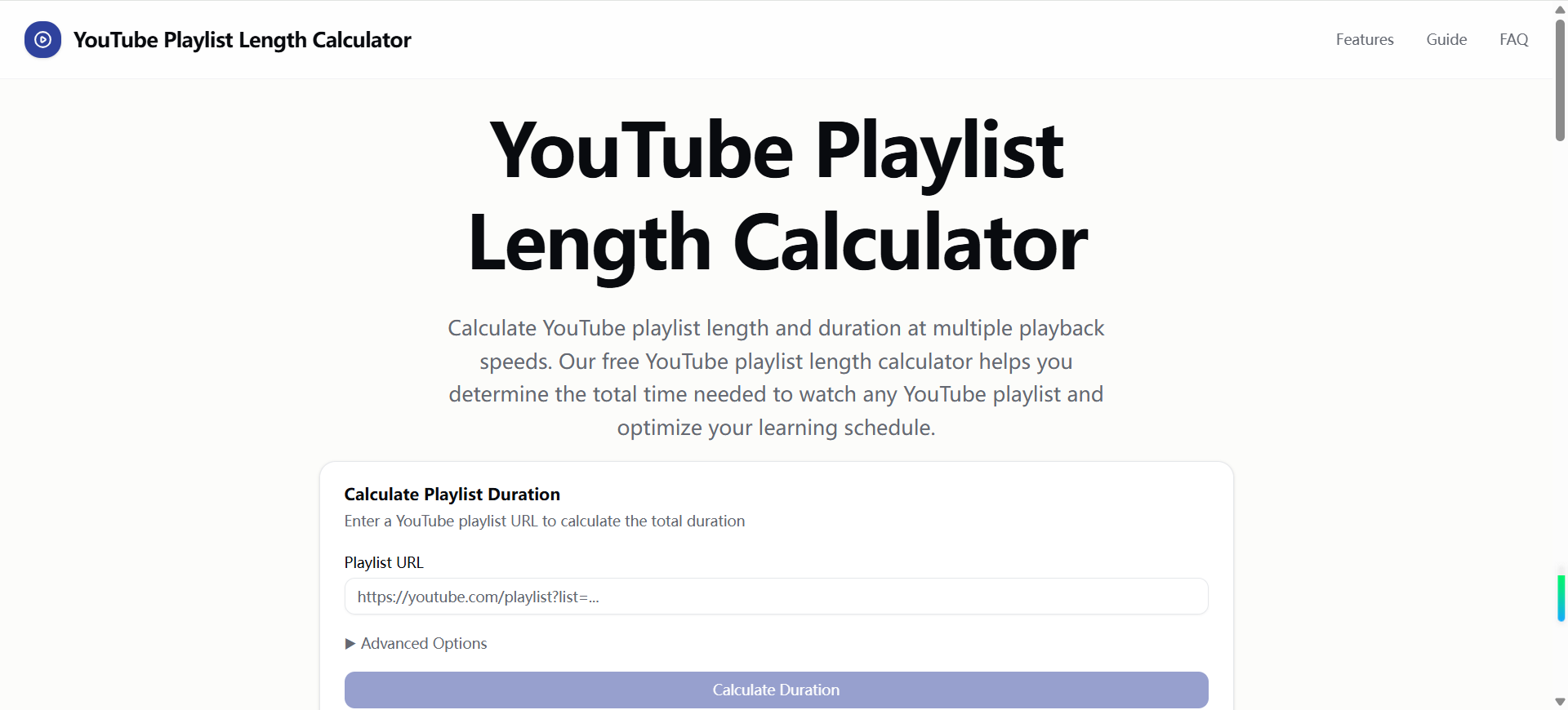 YouTube Playlist Length Calculator - Main screenshot showing features and interface