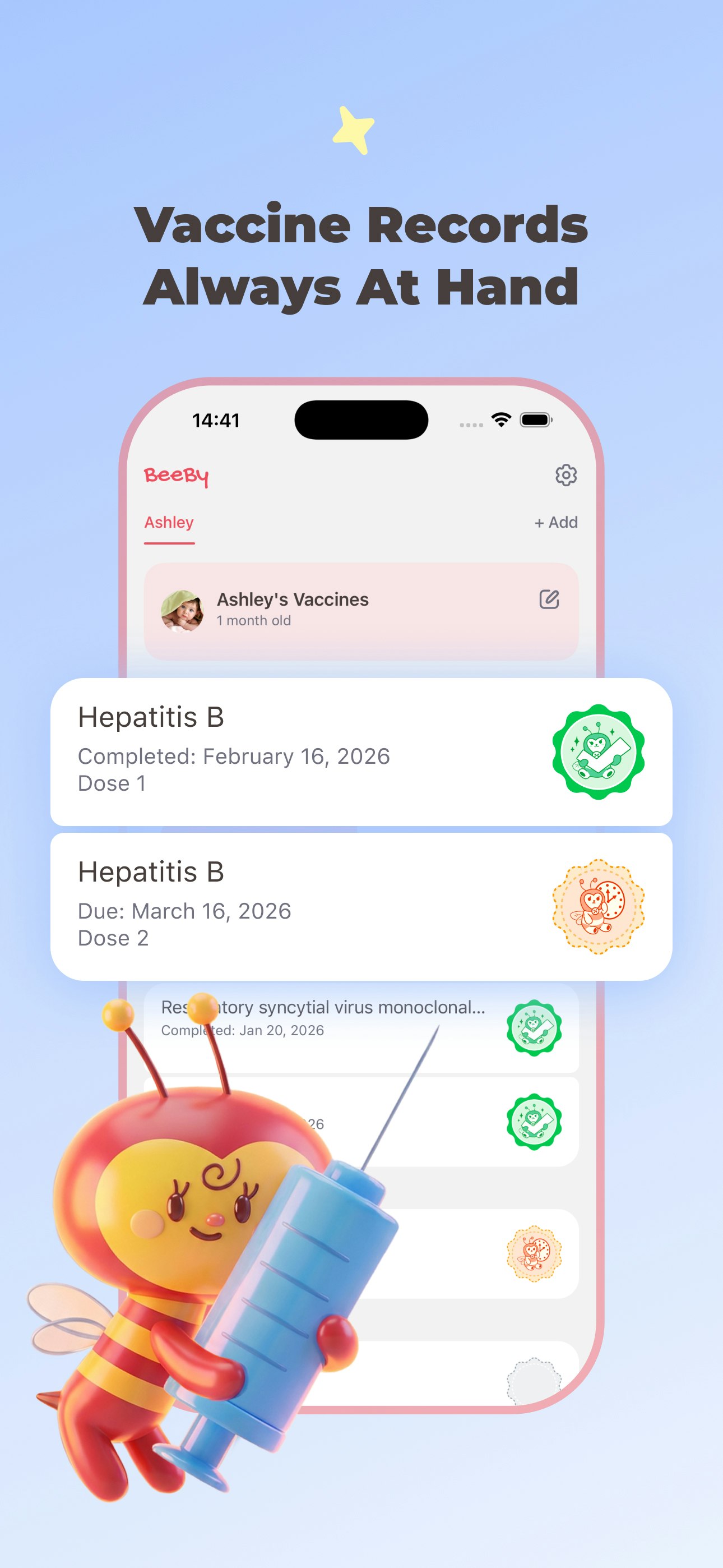 Beeby: Baby Vax Tracker - Main product screenshot demonstrating key features and user interface