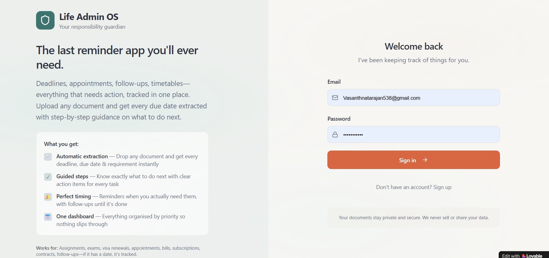 Life Admin OS - Main product screenshot demonstrating key features and user interface