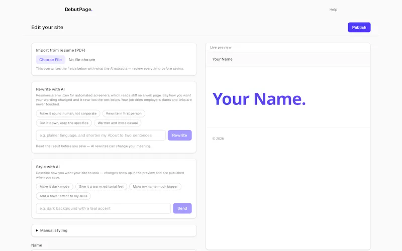 DebutPage screenshot 1