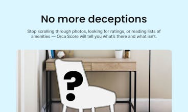 Airbnb 목록에서 제공되는 다양한 편의 시설을 둘러보는 사용자가 표시된 Orca Score 앱이 있는 휴대 전화입니다.