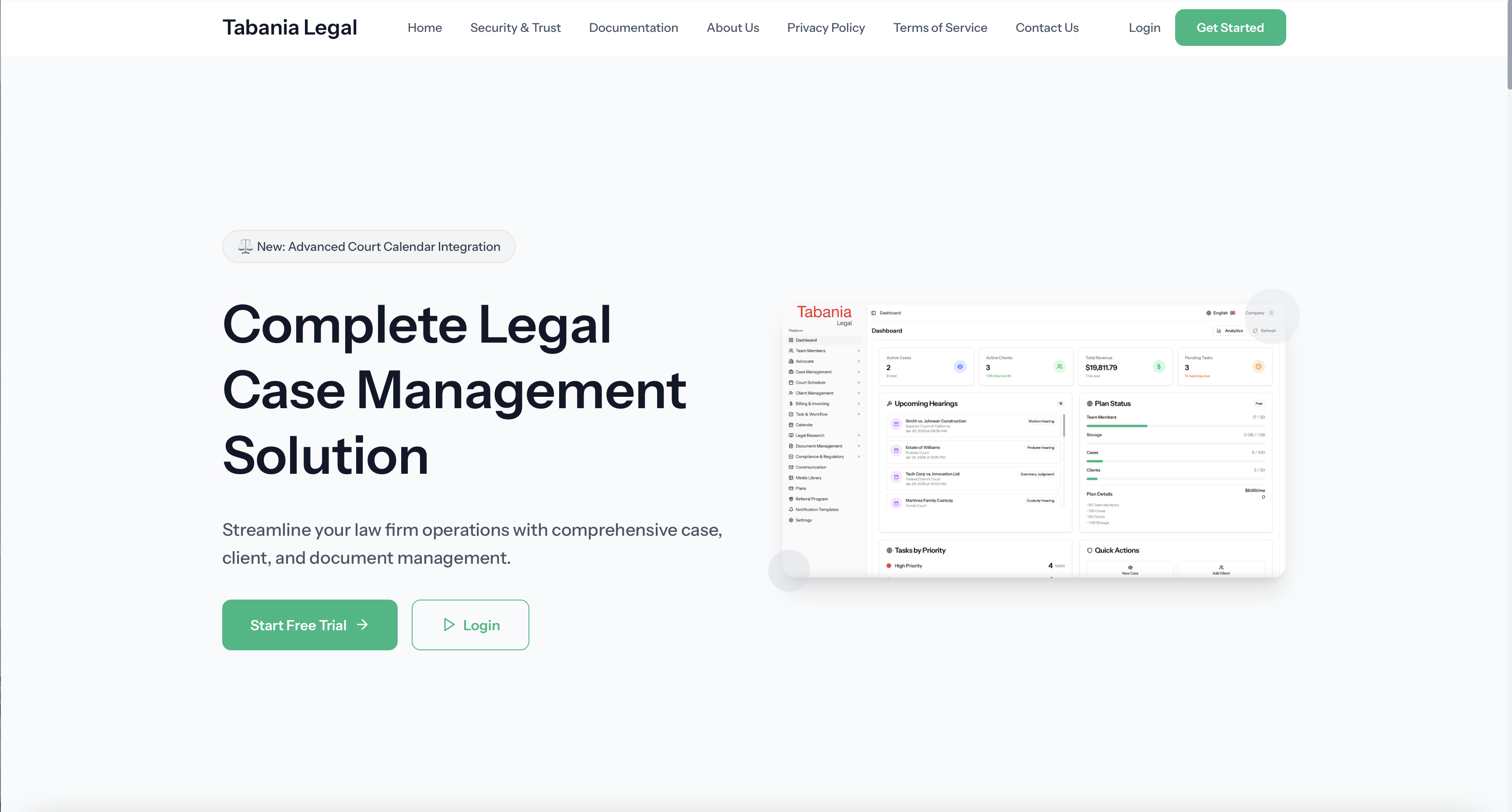 Tabania Legal Management Platform - Main product screenshot demonstrating key features and user interface