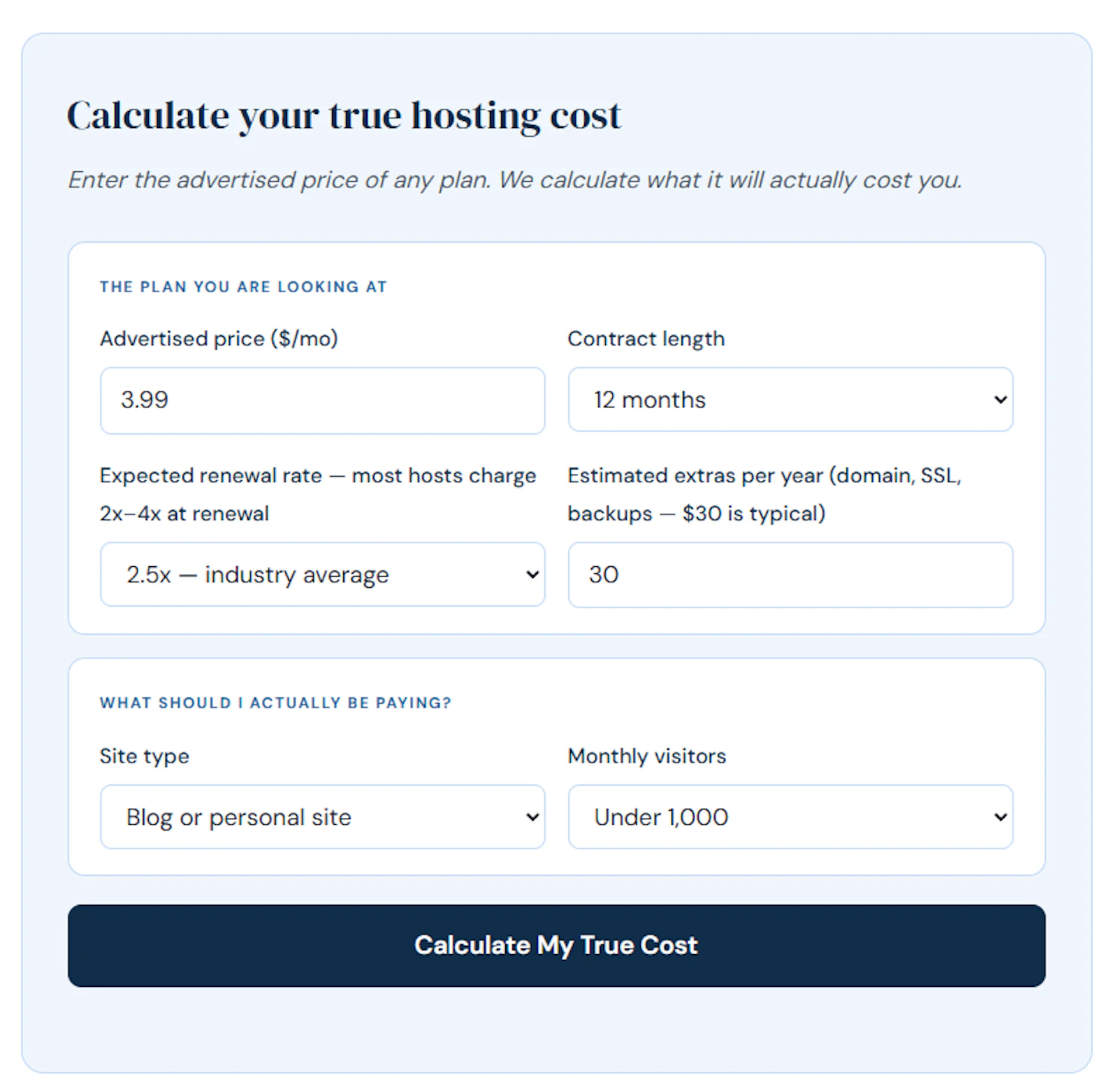 Web Hosting True Cost Calculator screenshot 1