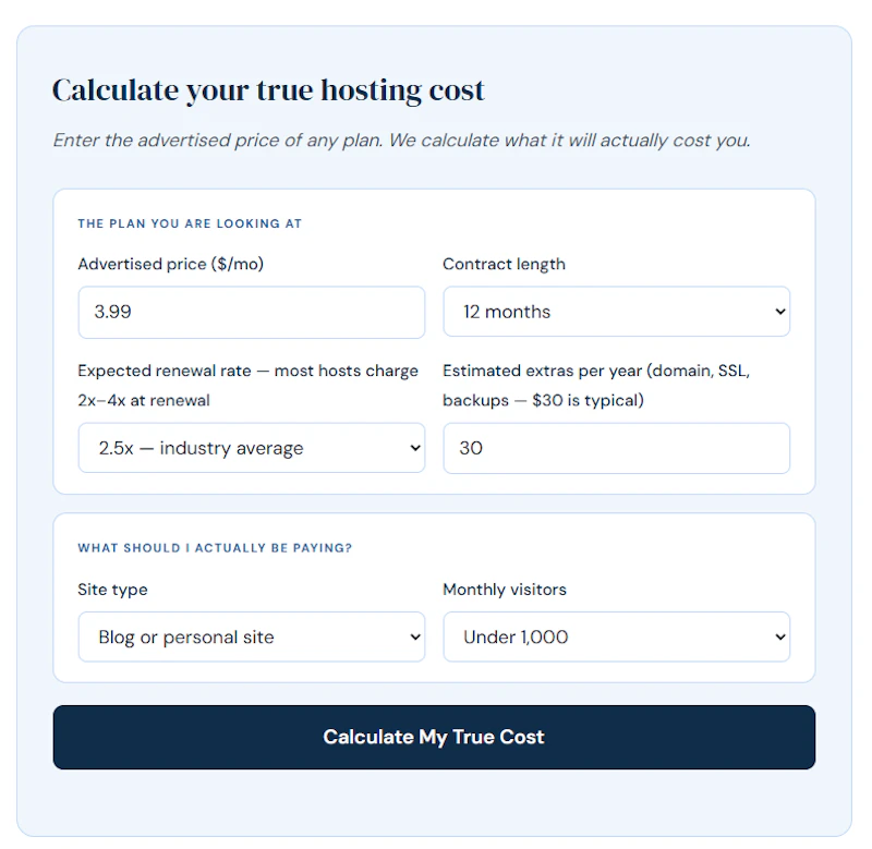 Web Hosting True Cost Calculator screenshot 1