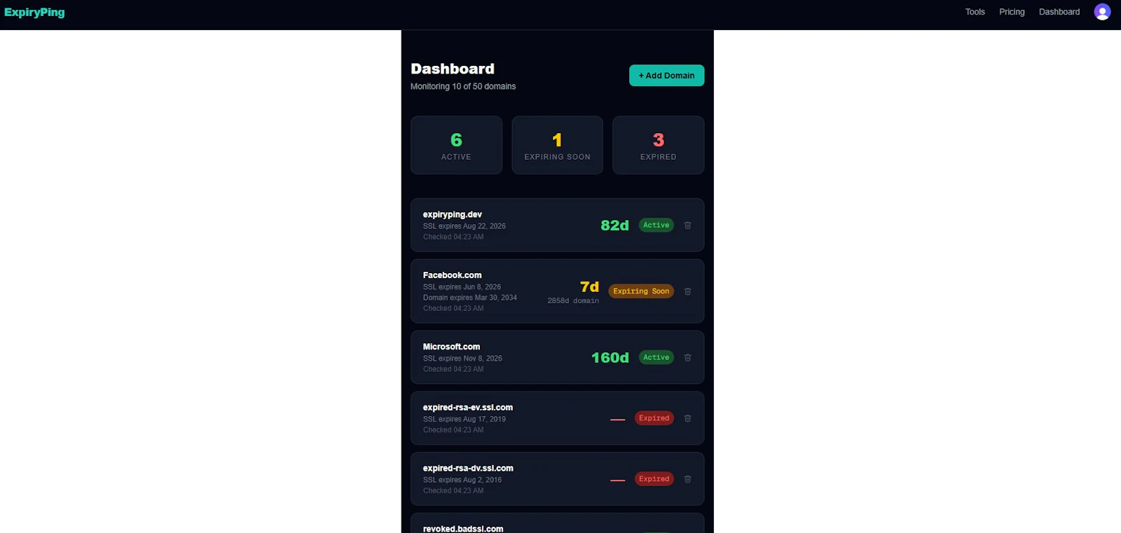 ExpiryPing SSL Certificate Monitoring screenshot 6