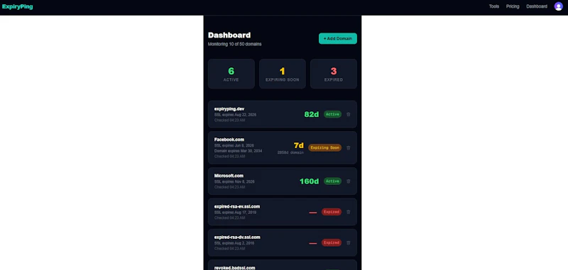 ExpiryPing SSL Certificate Monitoring screenshot 6