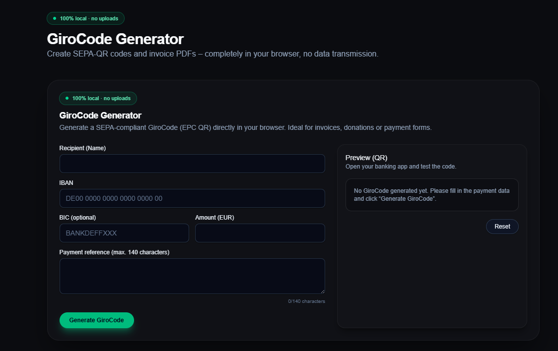 GiroCode Generator - Main product screenshot demonstrating key features and user interface