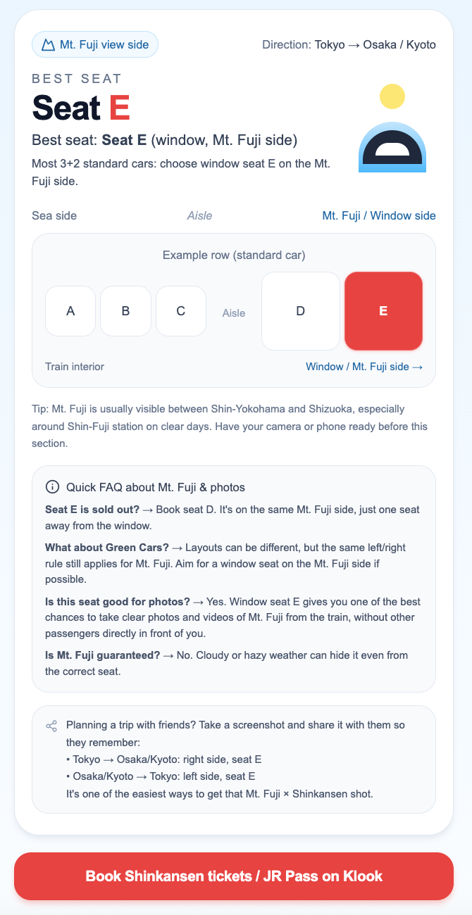 Shinkansen Fuji Seat Finder - Screenshot 2 showing product features and functionality