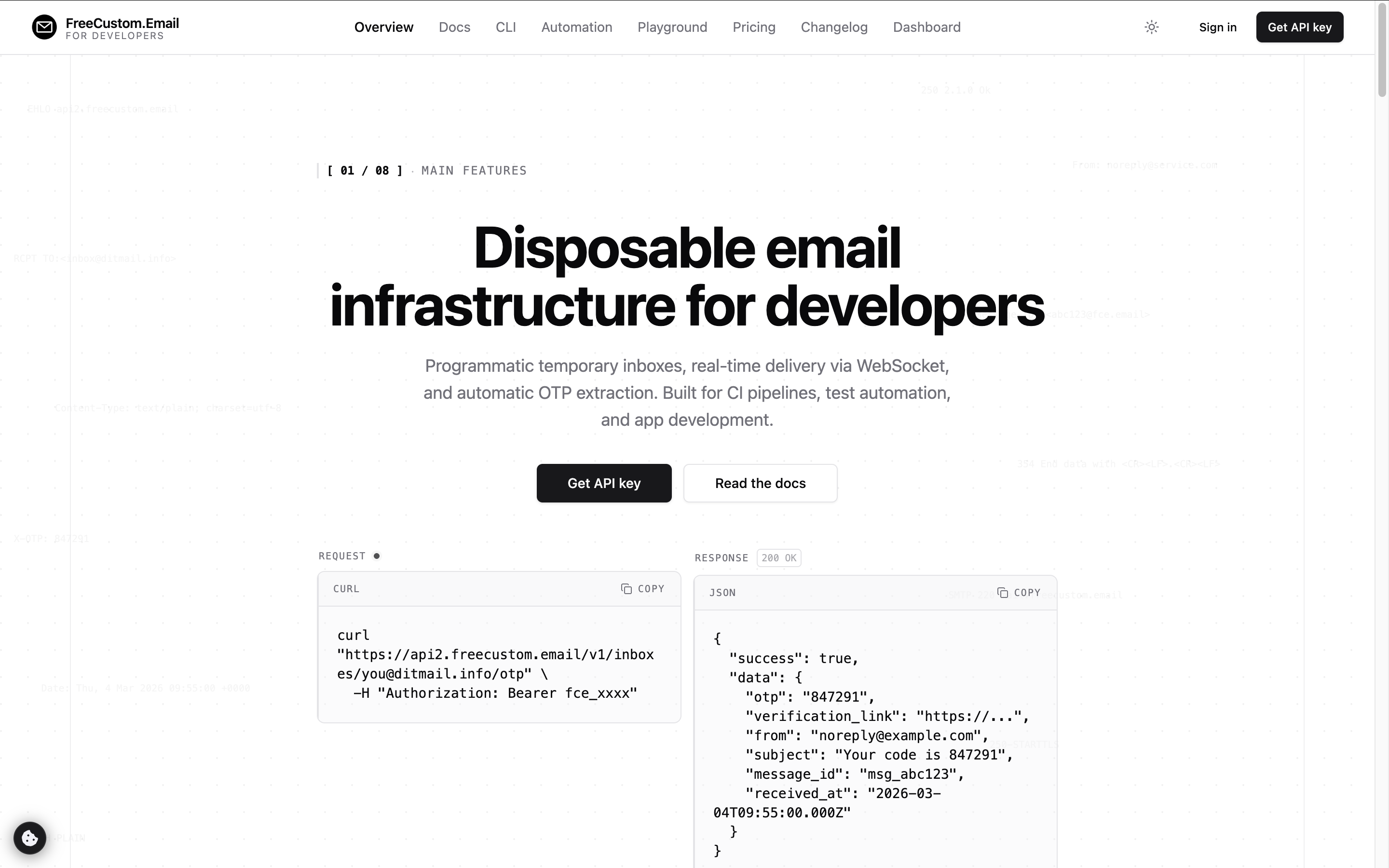 FCE — Disposable Inbox API for OTPs - Main product screenshot demonstrating key features and user interface