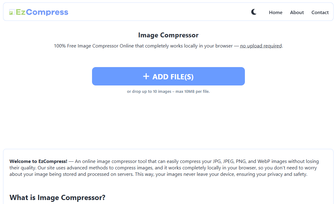 Free Image Compressor - EzCompress - Main product screenshot demonstrating key features and user interface