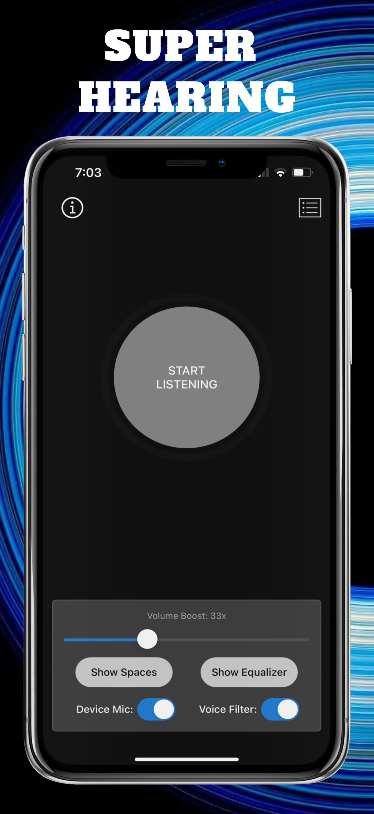 Hear Boost: Recording Ear Aid - Main product screenshot demonstrating key features and user interface