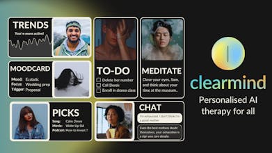 Clearmind アプリ: パーソナライズされた推奨事項、瞑想ガイダンス、タスクの提案など、革新的な AI 機能を示すスクリーンショット