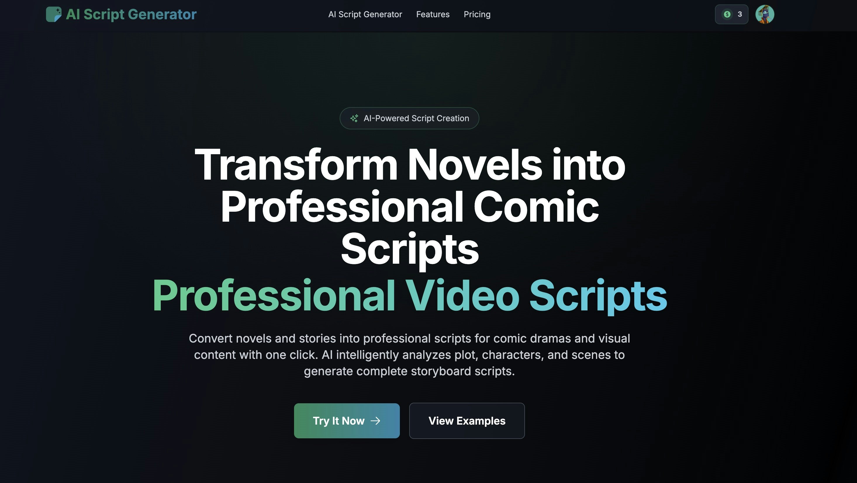 AI Script Generator - Main screenshot showing features and interface