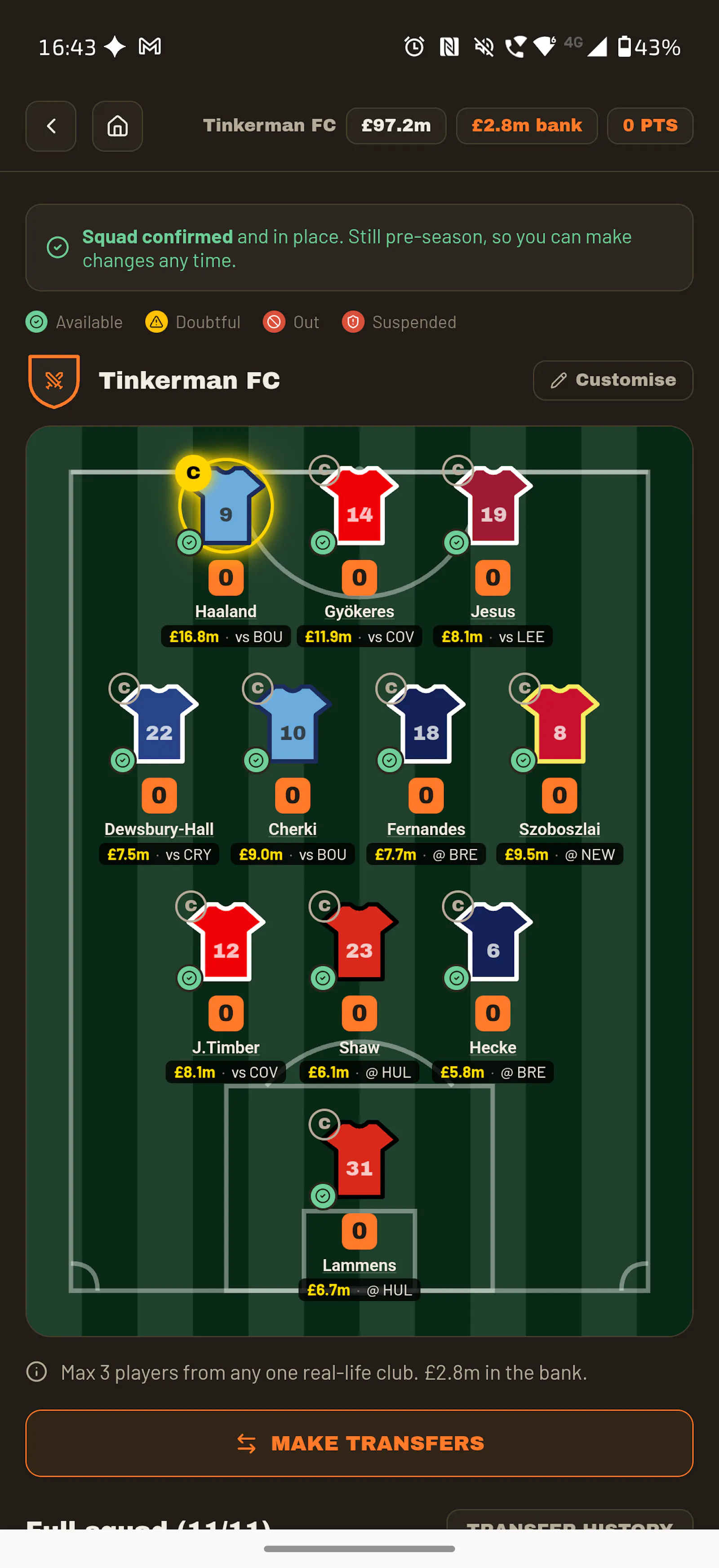 TinkerXI - Fantasy Football  screenshot 1