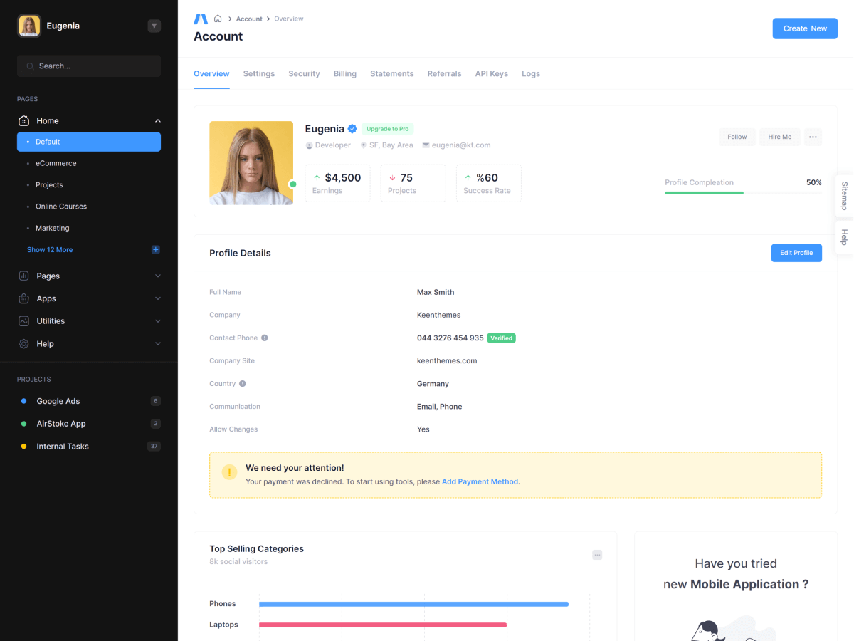 Metronic - шаблон администратора Bootstrap - React, Vue, Angular, Django, Asp.net Core, Laravel, Rails медиа 64