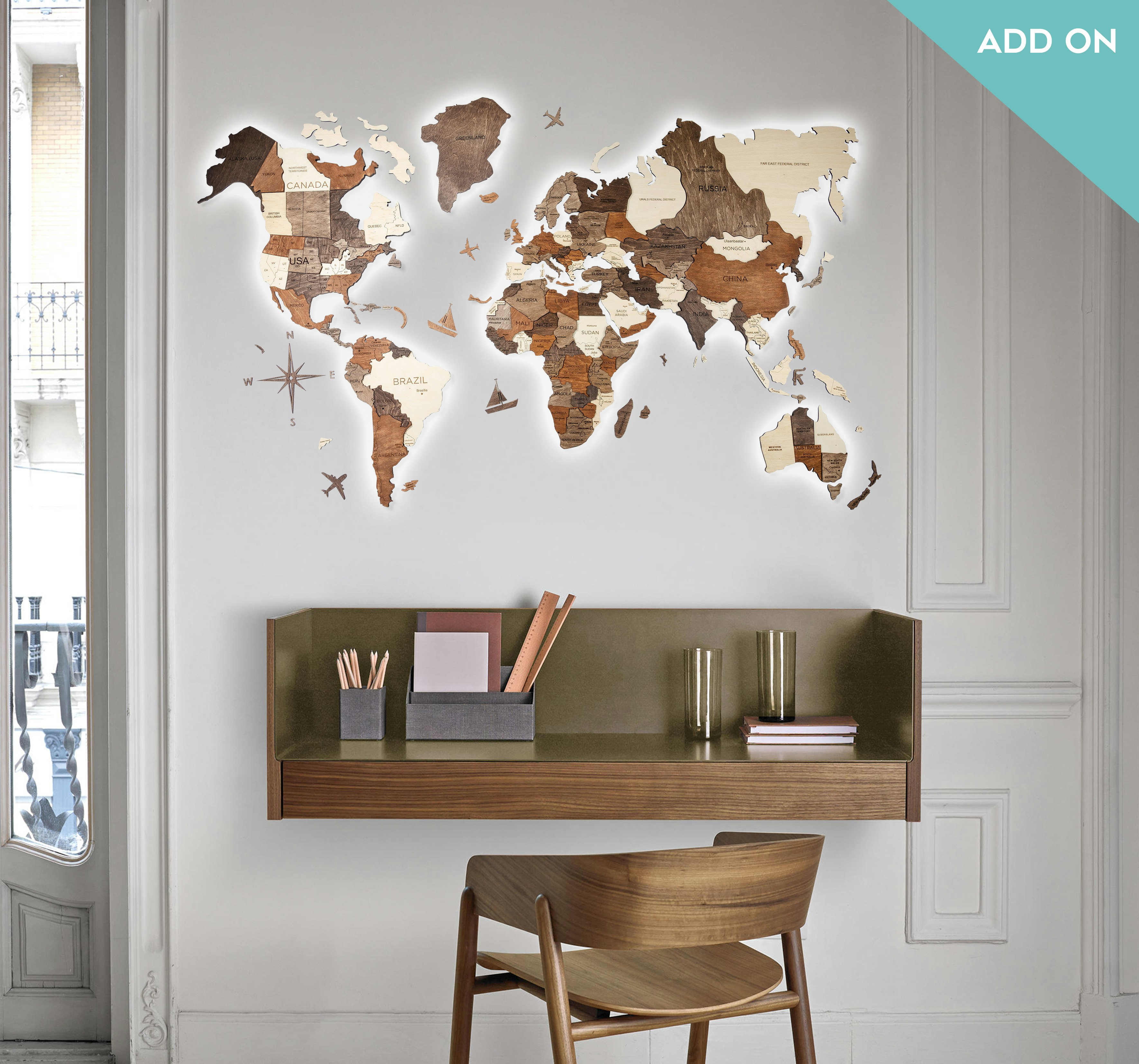 Wooden World Map 3D gallery image